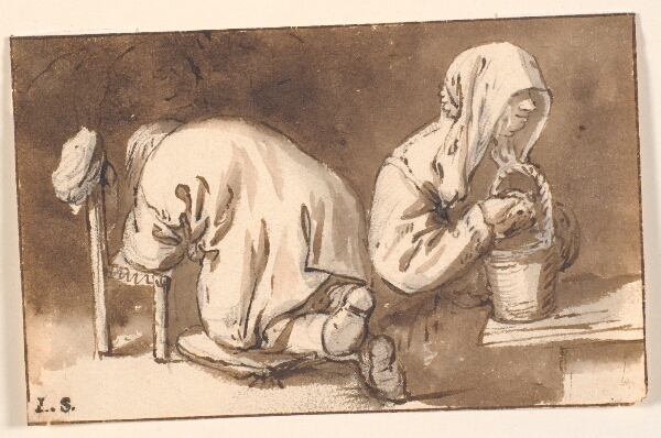Cornelis Pietersz Bega, En knælende mand og en kvinde med en kurv