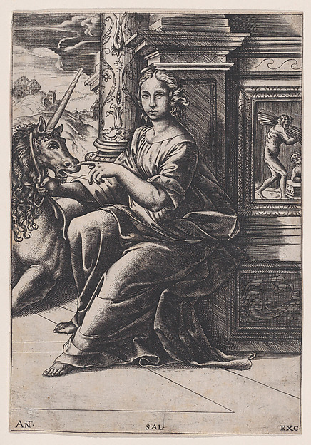 Agostino Veneziano (Agostino dei Musi), Allegory of Chastity, woman seated, a unicorn to her right
