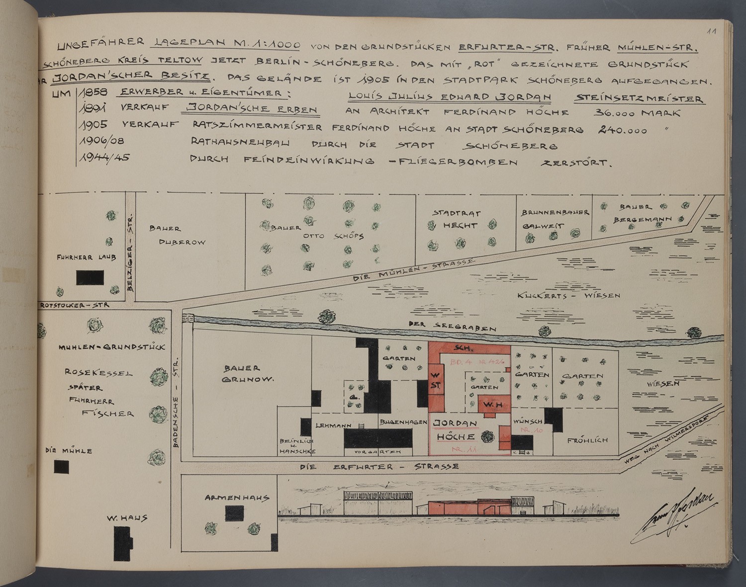 Franz Jordan (Potsdam-Babelsberg), Berlin-Schöneberg: Erfurter Straße, Lageplan der Grundstücke
