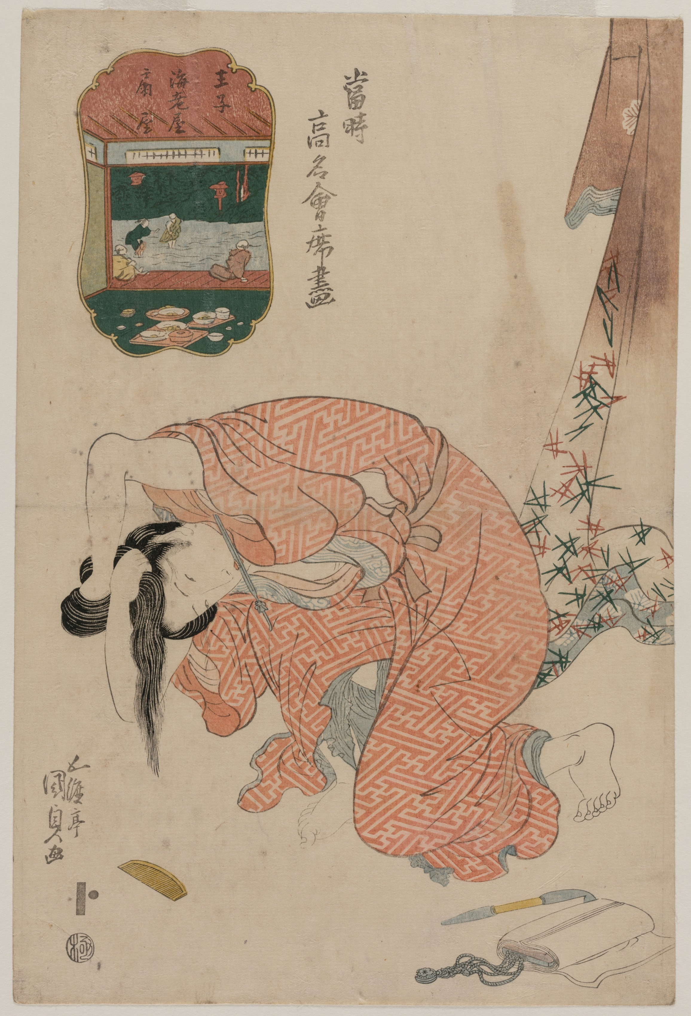 Utagawa Kunisada, Woman Tying Her Hair (from the series Famous Restaurants of the Present Day)