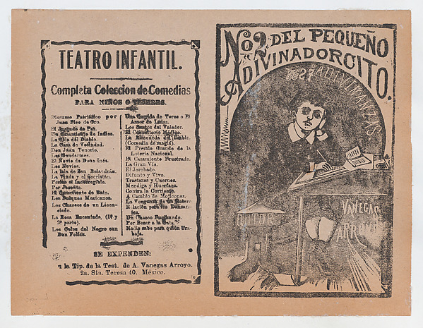 José Guadalupe Posada, Cover for 'Del Pequeño Adivinadorcito', a young boy resting his head on his hand and writing at a desk