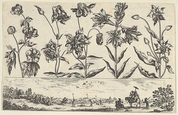 Nicolas Cochin, Horizontal Panel with a Row of Flowers Above a Frieze with a Hunting Scene in a Landscape, from "Livre Nouveau de Fleurs Tres-Util"