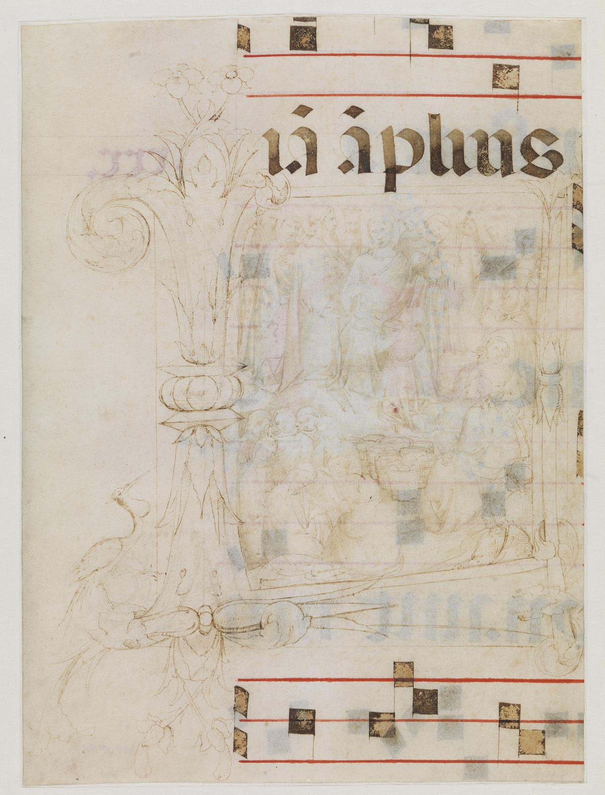 Lorenzo Monaco, Miraklet med brødene og fiskene i initialet L (Johs. 6.3-13), tekstfragmenter og noder