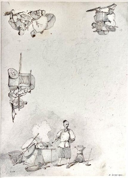 George Chinnery, Studies of Chinese figures: a blacksmith, sedan chair bearers, and gamblers
