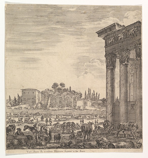 Stefano della Bella, The columns of the Temple of Antoninus to right, a part of the Campo Vaccino in center and at left, along with various animals and figures, the Palatine ruins in the background, from "Six large views, four of Rome, and two of the Roman countryside" (Six grandes vues, dont quatre de Rome et deux de …