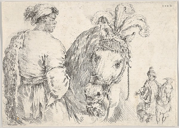 Stefano della Bella, A man at left in profile giving a handful of hay to a horse at center, a horseman to the right in background