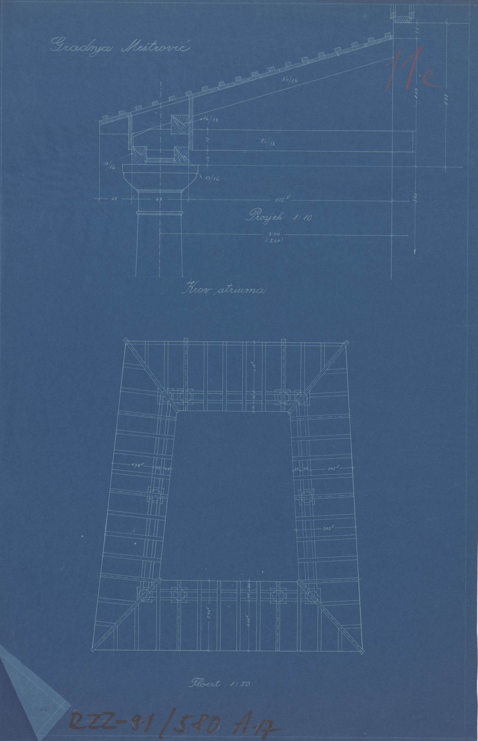 Viktor Kovačić, Meštrovićev atelijer (Ivan Meštrović), tlocrt/detalj stupa s krovištem/atrij