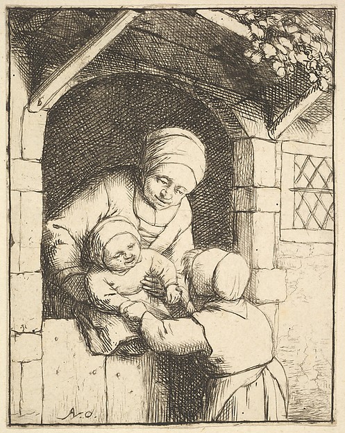 Adriaen van Ostade, Little Girl Playing with a Baby in its Mother's Arms
