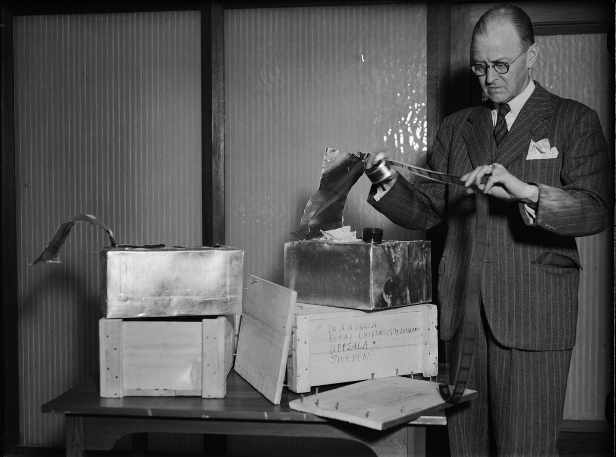 Paul Sandberg, Förste bibliotekarien Arvid Hj Uggla med filmer skänkta av Linnean Society, Carolina Rediviva, Uppsala 1942