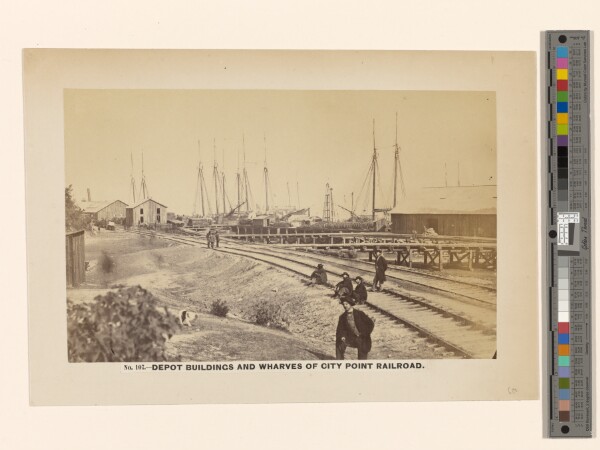 A. J. Russell, No. 107. Depot Buildings and Wharves of City Point Railroad. [July 1864].