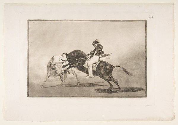 Goya (Francisco de Goya y Lucientes), Plate 24 of "La Tauromaquia": The same Ceballos mounted on another bull breaks short spears in the ring at Madrid