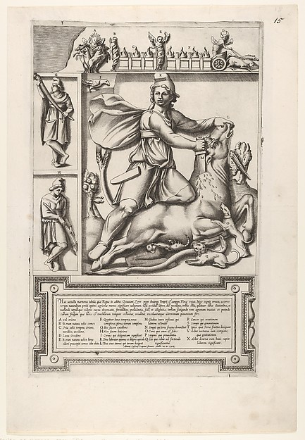 Anonymous, Italian, 16th century, Relief with Mithras kneeling upon a bull and driving a sword into its shoulder, at left two smaller standing figures, one holding a sheathed sword and one holding a sword, a frieze with chariots and serpents coiled around figures above