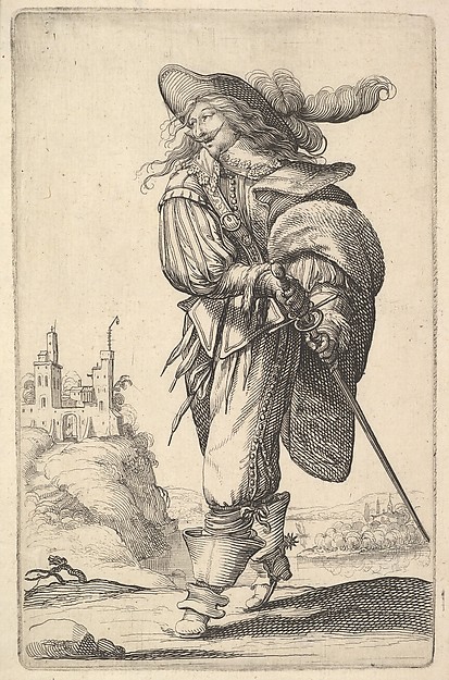 Abraham Bosse, A gentleman, walking towards the left and drawing his sword from the sheath, wearing a plumed hat and boots with spurs, from "The Garden of the French Nobles In Which One Can Pick Up Their Way of Dressing"