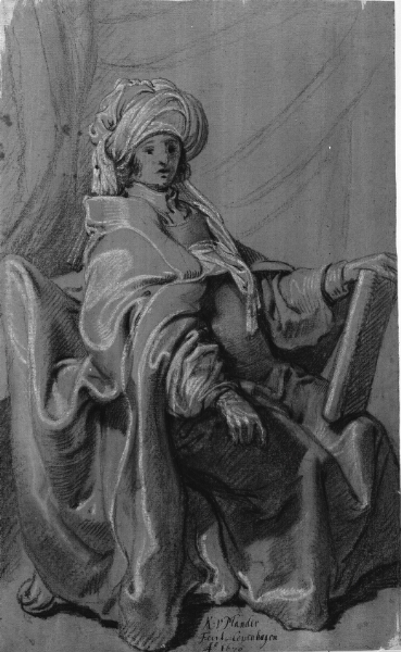 Karel van Mander III, Siddende figur i kappe og turban, holdende en bog. Vendt mod højre.