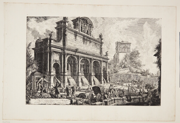 Giovanni Battista Piranesi, Bygningen over fontænen Acqua Paola på Monte Aureo, Rom, med Casino Farnese og Peterskirkens kuppel i det fjerne