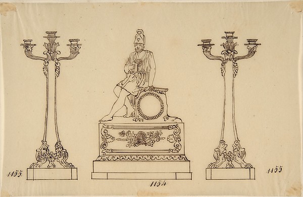 Anonymous, French, 19th century, Design for a Set of Candlesticks and a Clock