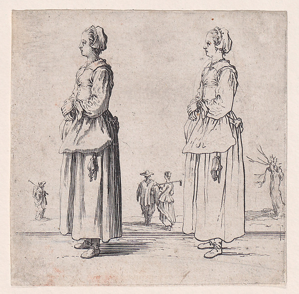 Jacques Callot, La Paysanne Tournée a Gauche, les Mains Appuyées l'Une sur l'Autre (The Peasant Woman Turned to the Left, One Hand Placed in the Other), from "Varie Figure" (Various Figures)