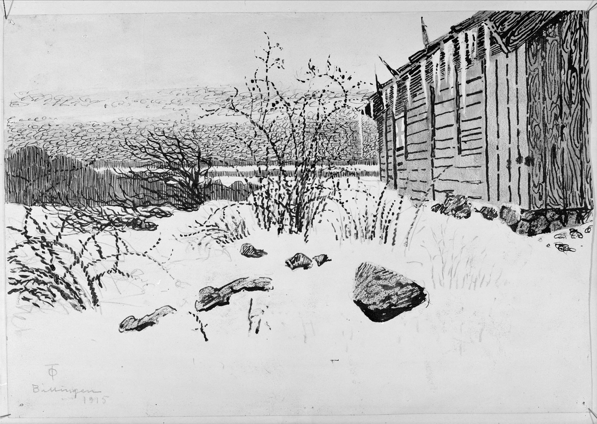 Paul Sandberg, Konstverk - grafiskt blad med motiv från Billingen, signerat 1915 av konstnären Olof Thunman