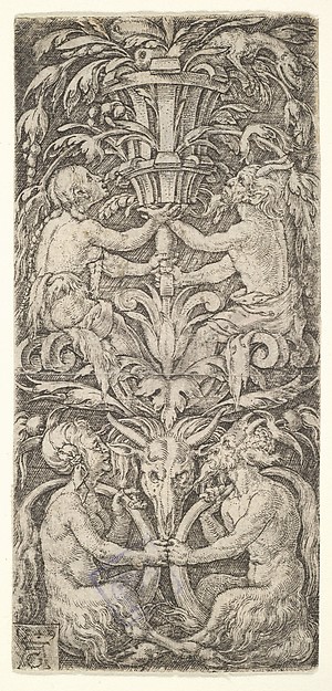Heinrich Aldegrever, Ornament with Two Couples of Satyrs