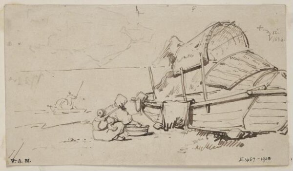 George Chinnery, A boatwoman and child beside a beached Tanka boat