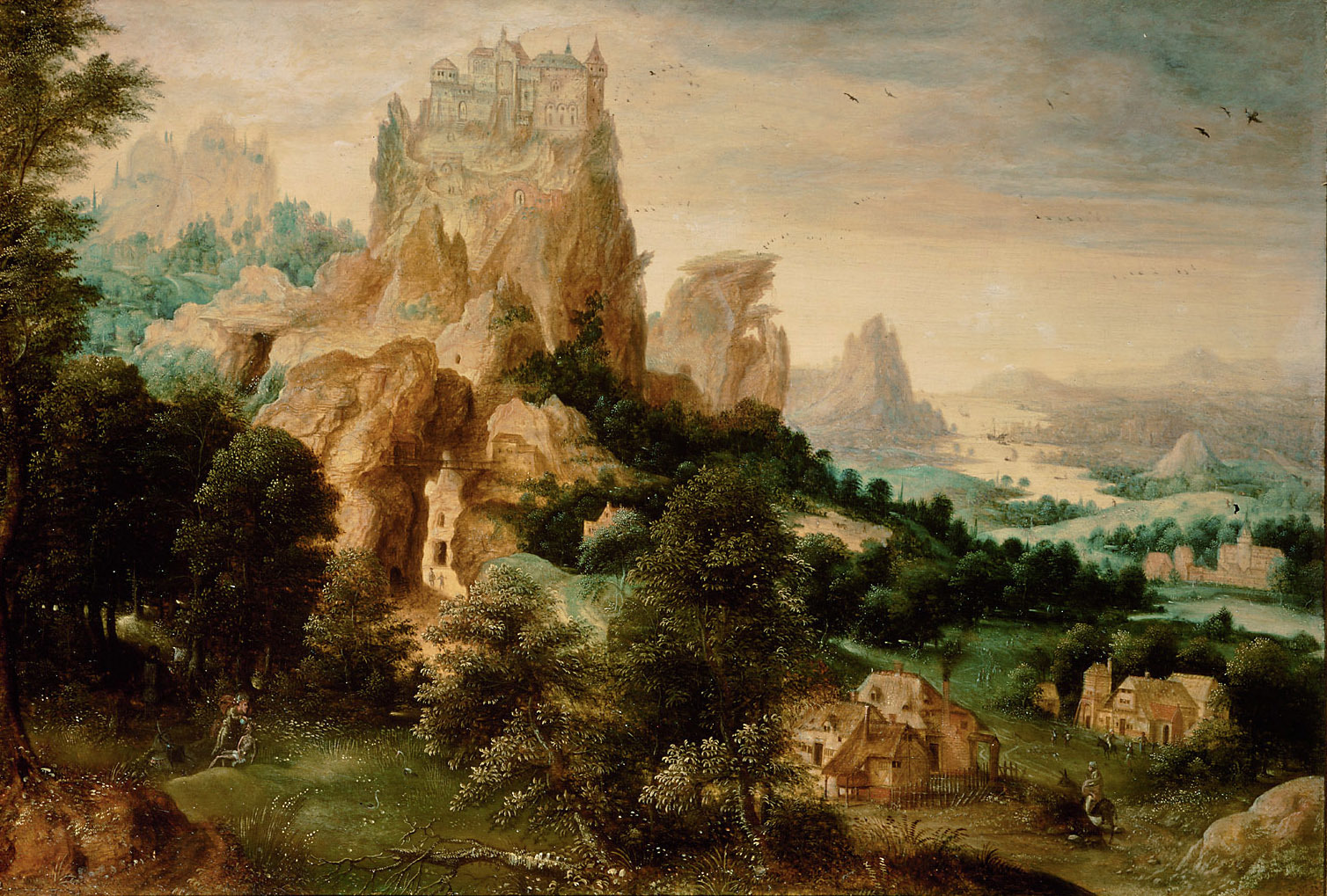 Herri met de Bles, Hilly landscape with the story of the Good Samritan (Luke 10:25-37)
