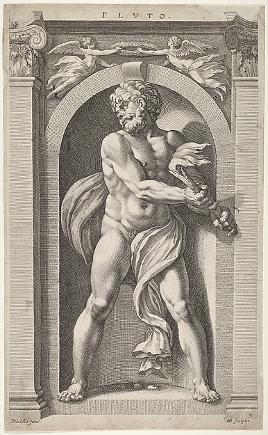 Hendrick Goltzius, Pluto; on verso sketches of a figure, four heads, and a column