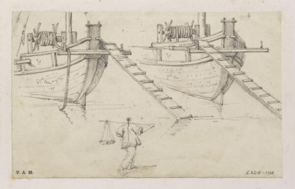 George Chinnery, Two drawings of the prow of a Chinese boat
