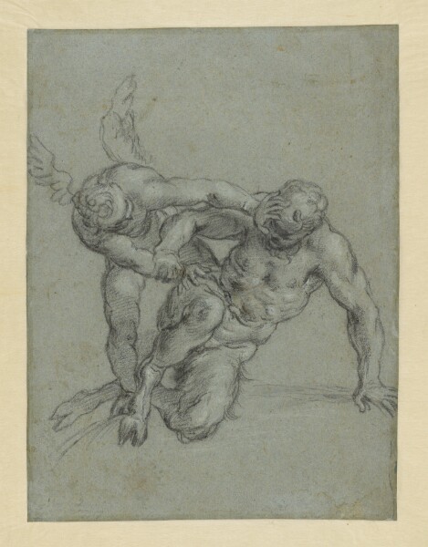 Agostino Carracci, Cupid Overpowering Pan (recto); Head of a Monk; Caricature of a Man in Profile (verso)