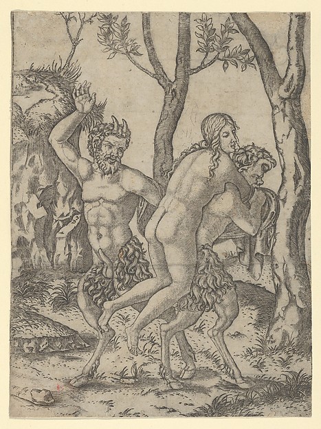 Marcantonio Raimondi, A satyr carrying a nymph on his back and another raising his right hand to slap her