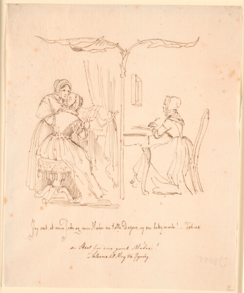 Johan Thomas Lundbye, Tvedelt fremstilling med t.v. to brevlæsende damer, t.h. en brevskrivende dame