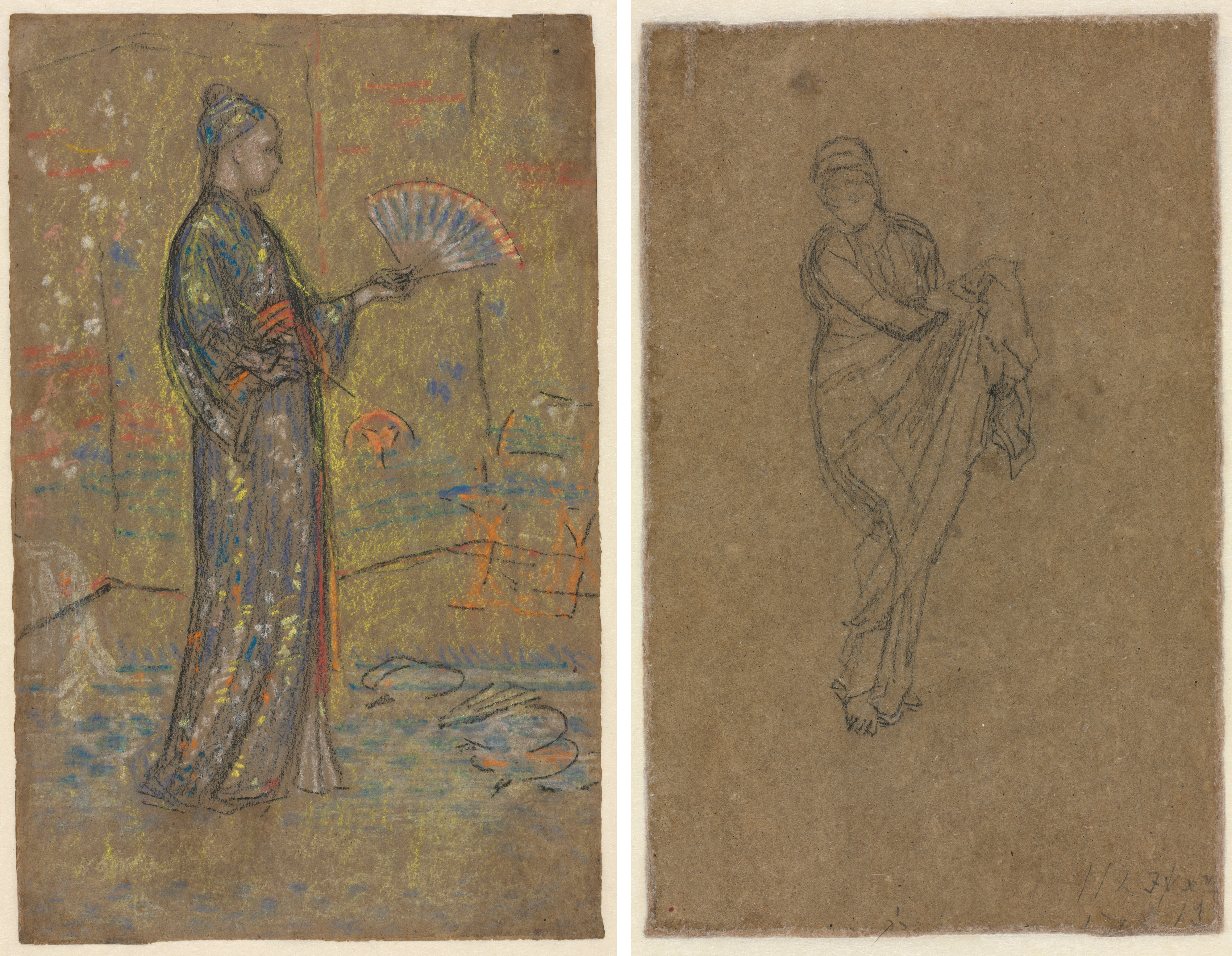 James McNeill Whistler, Japanese Woman Painting a Fan (recto); Standing Woman Holding Up Her Dress (verso)