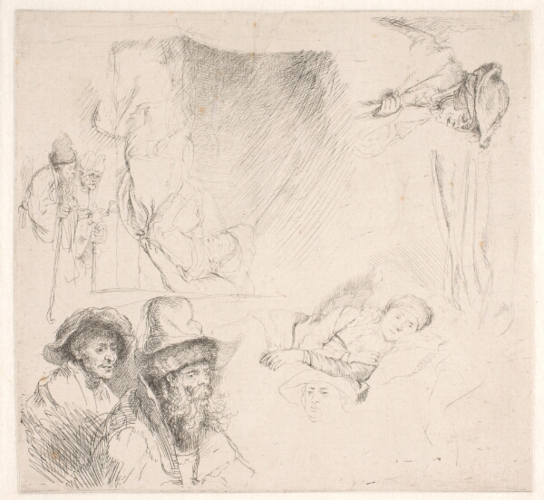 Rembrandt van Rijn, Studieblad, bl.a med en sengeliggende kvinde