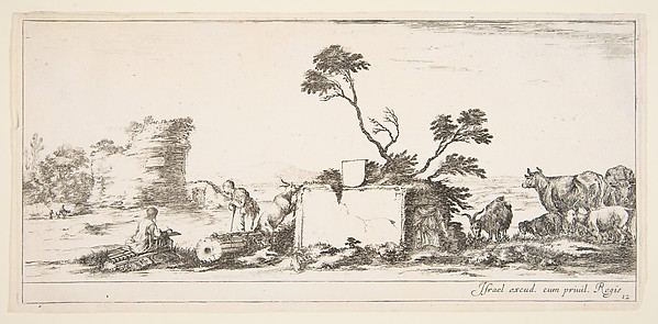 Stefano della Bella, Plate 12: a seated draughtsman to left, a standing shepherd next to him to right, ruins and animals to the right, a tower in ruins to left in the background, from 'Various landscapes' (Divers paysages)