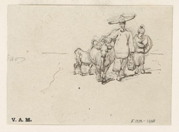 George Chinnery, Two Chinese figures with a cow and calf