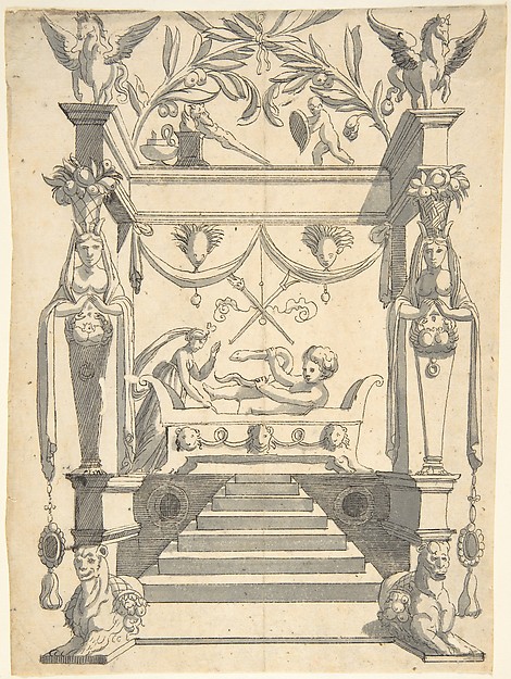 Anonymous, Italian, 16th century, Grotesque with an Architectural Structure with a Young Boy on a Bed, Holding a Snake