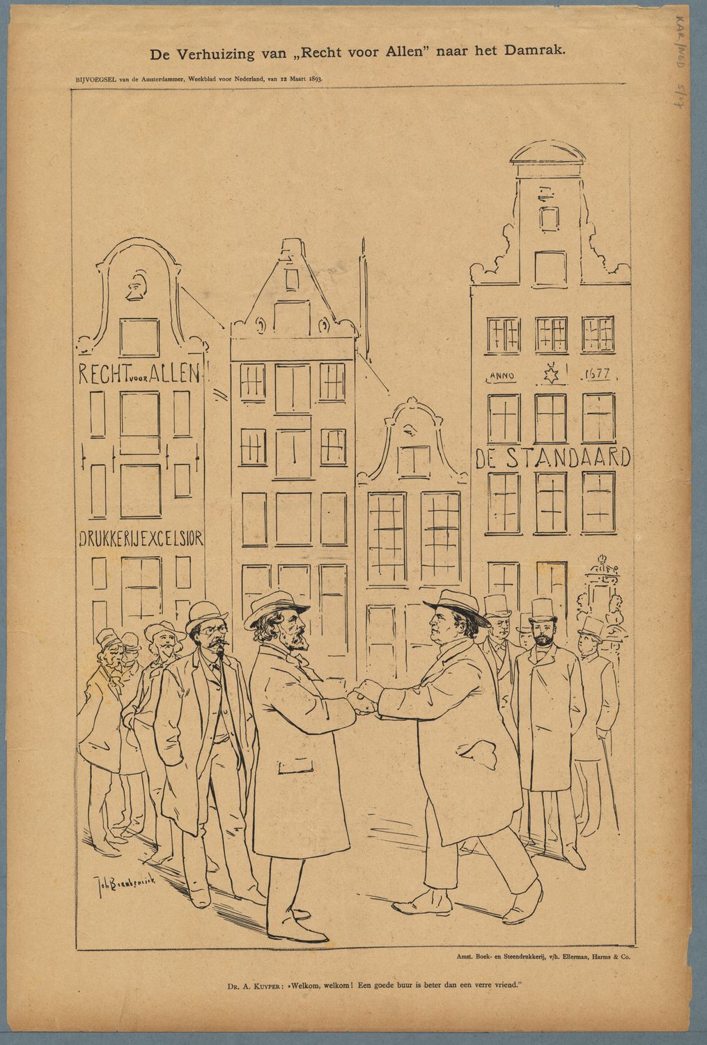 Braakensiek, Johan,draughtsman., De verhuizing van "Recht voor Allen" naar het Damrak In 't midden Domela en Kuyper