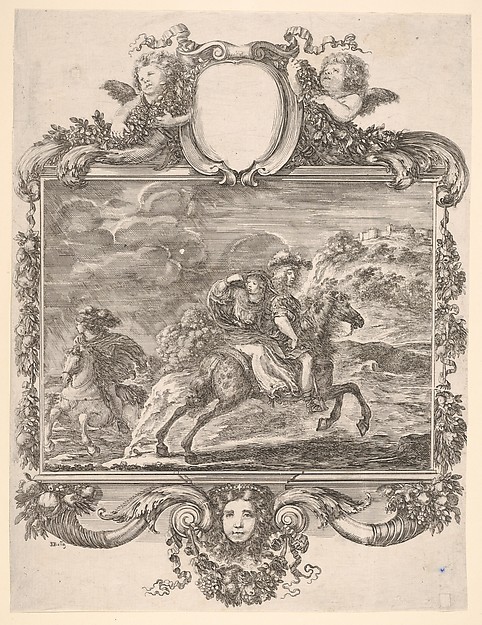 Stefano della Bella, A horseman and a lady riding side saddle, galloping towards the right, another horseman follows, in an elaborate frame decorated with a mask of a young woman, cherubs, and fruit