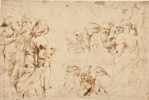 Peter Paul Rubens, Three Groups of Apostles in a Last Supper (recto); Three Sketches for Medea and Her Children (verso)