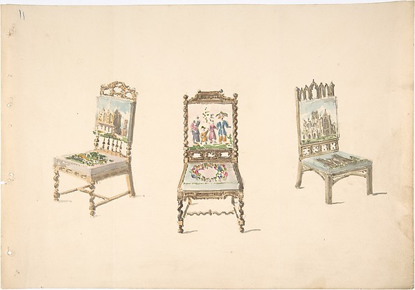 Anonymous, British, 19th century, Design for Three Chairs with Pictorial Upholstery