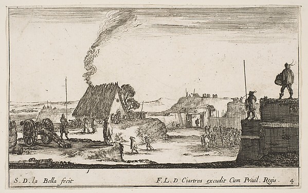 Stefano della Bella, A military encampment with a soldier standing on a parapet to the right beating a drum, plate 4 from "Various Military Caprices" (Varii capricci militari)