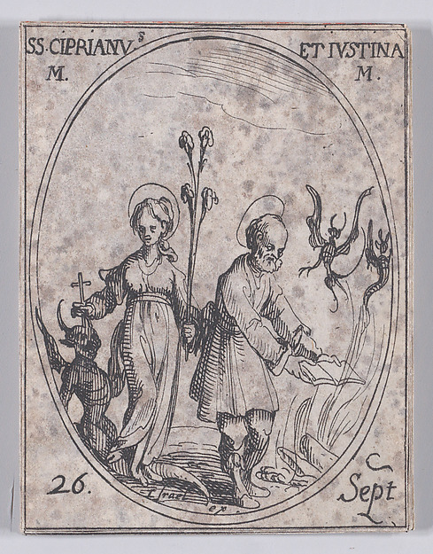 Jacques Callot, S. Cyprien et Ste. Justine, martyrs (St. Cyprian and St. Justina, Martyrs), September 26th, from "Les Images De Tous Les Saincts et Saintes de L'Année" (Images of All of the Saints and Religious Events of the Year)