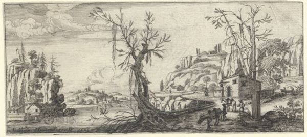 Hooch, Carel de, (1577?-1638), (printmaker), Oblong landscapes: Riverscape with hills and donkeys