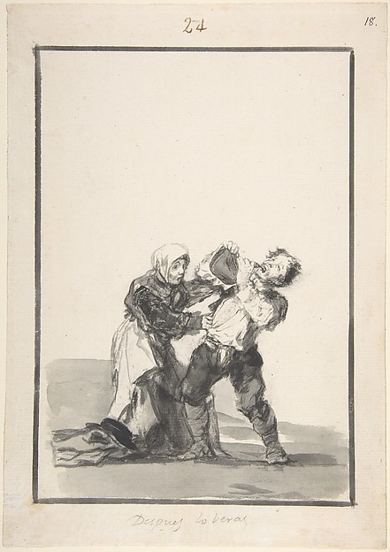 Goya (Francisco de Goya y Lucientes), You'll See Later; a man drinking, a woman trying to stop him; page 24 from the "Black Border Album" (E)