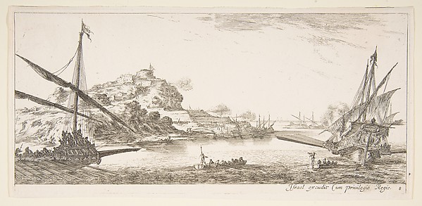 Stefano della Bella, Plate 8: A the bow of a galley at left and another galley at right, seen from behind, two rowboats in center, a hill with a fortress in the background, from 'Various landscapes' (Divers paysages)