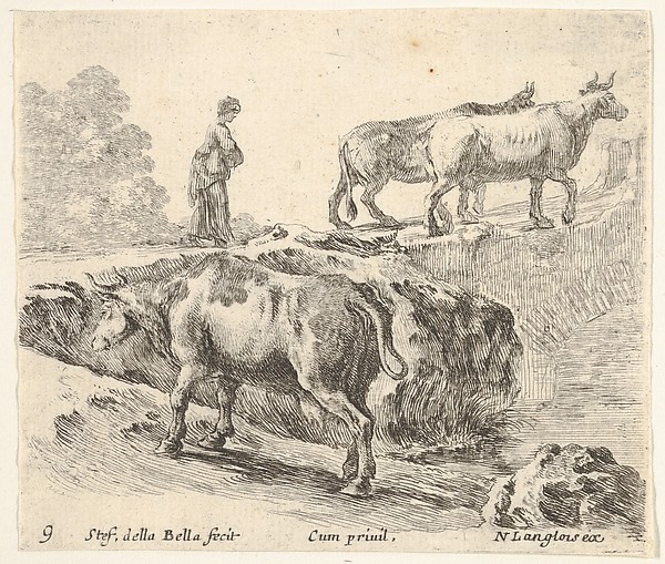 Stefano della Bella, Plate 9: a cow ascending a bank, a peasant woman leading two cows across a bridge in background, from "Diversi Capricci"