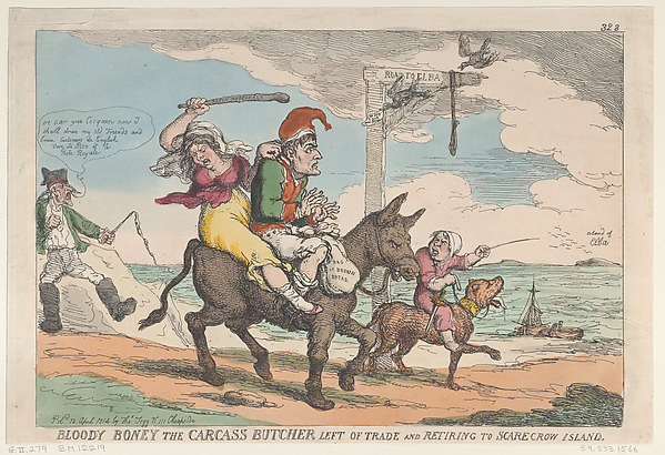 Thomas Rowlandson, Bloody Boney the Carcass Butcher Left of Trade and Retiring to Scarecrow Island