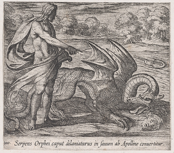 Antonio Tempesta, Plate 100: Apollo Killing the Serpent Attacking Opheus's Head (Serpens Orphei caput dilaniaturus in saxum ab Apolline convertitur), from Ovid's 'Metamorphoses'