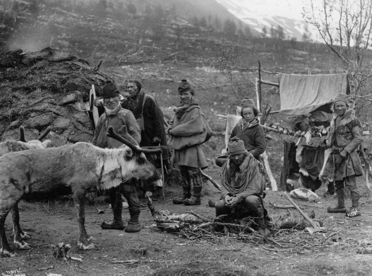 Axel Lindahl, Svenske samer, muligens fra Karesuando, foran en gamme, et reinsdyr i forgrunnen. Antagelig Lyngen eller Tromsdalen 1885-1892.