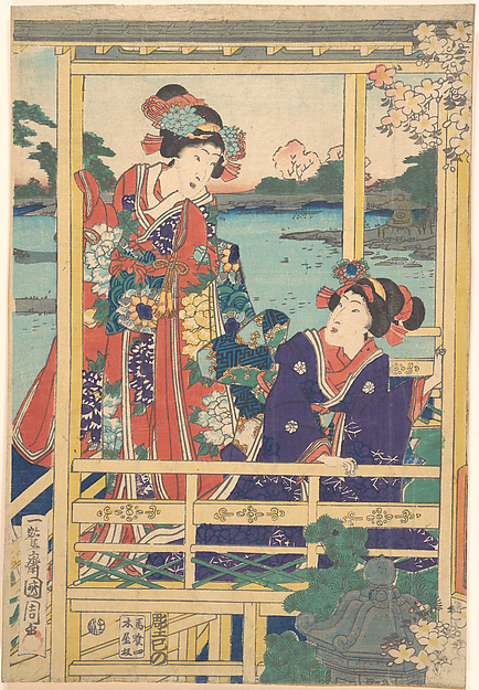 Toyohara Kunichika, Two Beauties at Spring Garden with a Pond