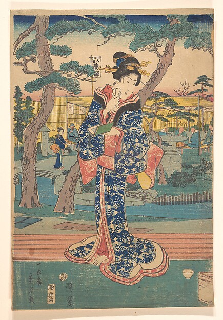 Utagawa Hiroshige II, Young girl at tea house in Iriya